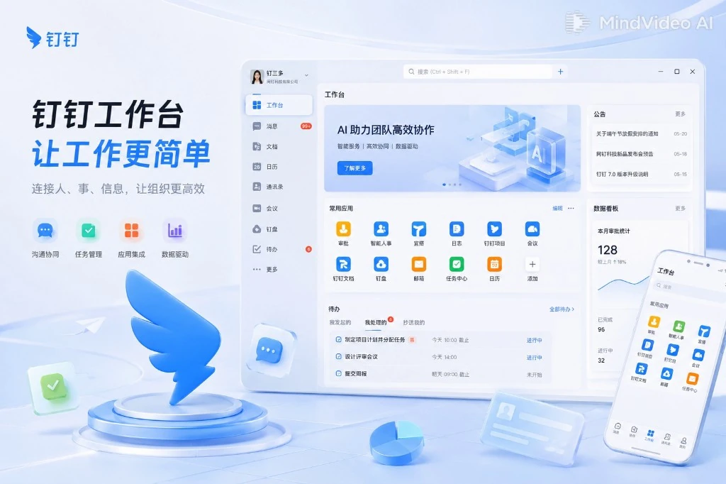 钉钉网页版在浏览器环境中的协同办公工作台操作演示